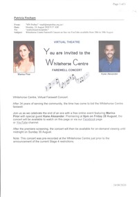 Invitation to see Online the Farewell Concert for the Whitehorse Centre.