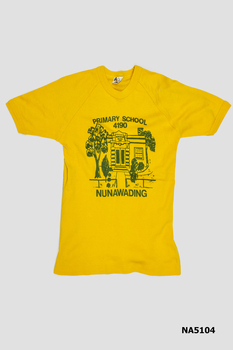 Yellow T- shirt  with green identification and picture of school trees and bushes