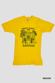 Yellow T- shirt  with green identification and picture of school trees and bushes