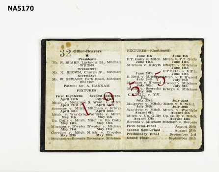 Club Membership card containing fixtures for 1955 and names of office bearers.