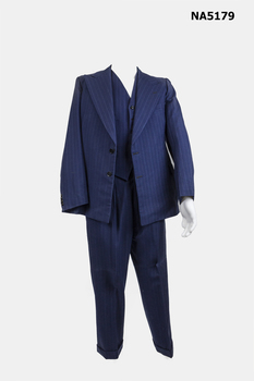 Navy three piece pin striped men's suit, vest, trousers and Jacket 