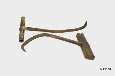 2 bag hooks , One with metal handle and another with wooden handle.