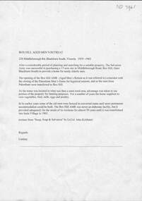 A document outlining the history of the Box Hill Aged Men's Retreat which became Inala Village