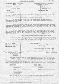 A printed letter to Mr. L. N. Brown from the Commonwealth Department of Supply & Shipping regarding the availability of tyres in 1945.