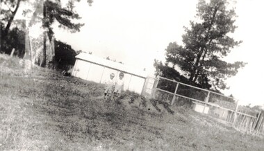 Two boys standing outside a shed