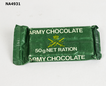 A green paper wrapped chocolate bar marked with insignia of crossed swords, crown and kangaroo