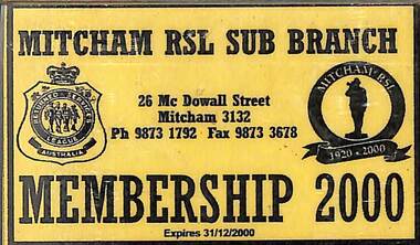 Laminated membership card No 00114 of the Mitcham RSL Sub Branch