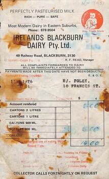 An invoice from Irelands Dairy to M/. Foley for house delivered milk