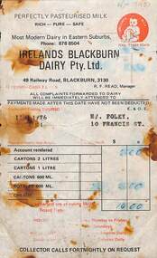 An invoice from Irelands Dairy to M/. Foley for house delivered milk