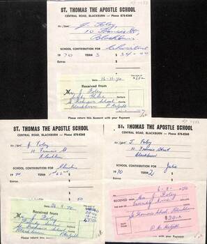 3 invoices and receipts to J. Foley from St. Thomas The Apostle School for tuition fees for Christine and Julie