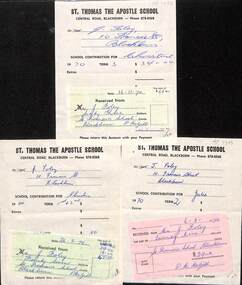 3 invoices and receipts to J. Foley from St. Thomas The Apostle School for tuition fees for Christine and Julie