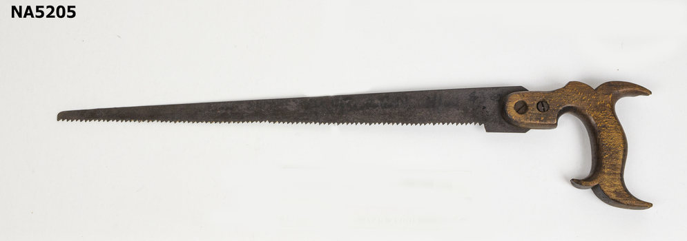 Steel saw with wooden handle.