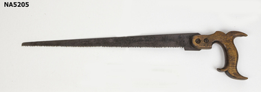 Steel saw with wooden handle.