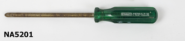 A 3 point Phillips screwdriver with a green handle.
