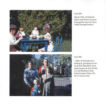 i) Tea party in front garden.  j) Grandparents.