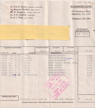 Blackburn Clinic Invoice in 1970