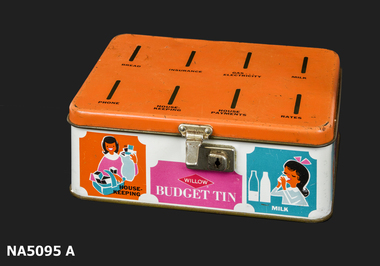 Rectangular metal tin with slot holes in the lid and a metal suitcase style lock on the front
