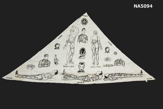 A triangular white cotton sling for arm or shoulder with printed instructions 