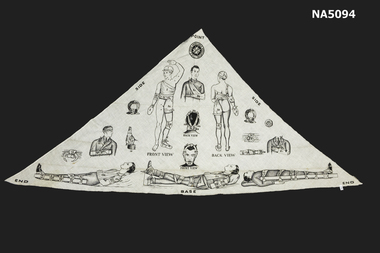 A triangular white cotton sling for arm or shoulder with printed instructions 
