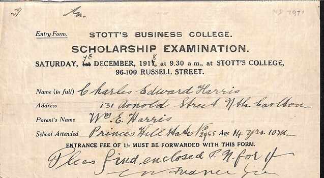 An Entry Form for Stott's Business College Scholarship Examination for Charles Edward Harris