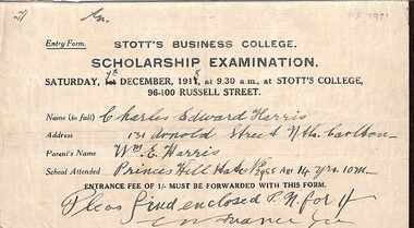 An Entry Form for Stott's Business College Scholarship Examination for Charles Edward Harris