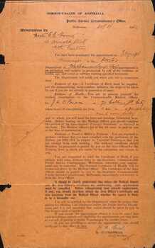 A Nomination for Employment form for C. E. Harris to be a Telegraph Messenger in the P. M.  at P. M. G.'s Dept at Melbourne (Telegraph Office)