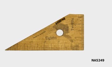 Wooden set square with eighths on the longer side and twelfths on the shorter side, and tenths and centimeters on reverse side.