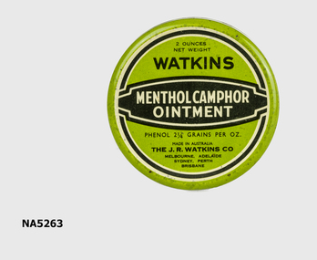 Small round tin container for menthol camphor ointment.