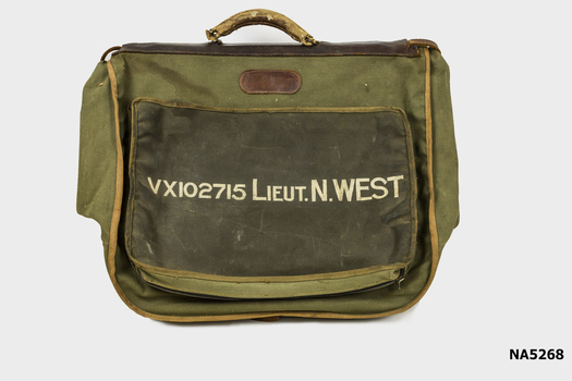 Large khaki Army Dress bag with label VX102715 Lieut. N. West.