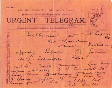 Telegram of Gunner William Schwerkolt's Death