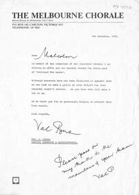 Letter by Val Pyers , Melbourne Chorale