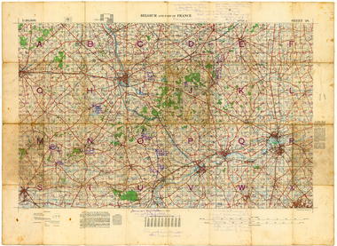 Map - Belgium and part of France map WW1, Belgium and part of France map WW1with penciled annotations by Charles H. Honybun, Nov 1917
