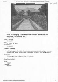 Document - Various including photos, newspaper items, Hethersett Private Repatriation Hospital, Burwood, 1866 - 1943