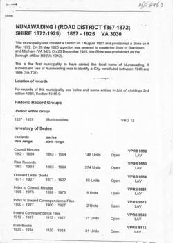 Nunawading Municipal Records Deposited with PROV -Nunawading Roads District