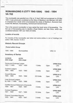 Nunawading Municipal Records Deposited with PROV -Nunawading City District