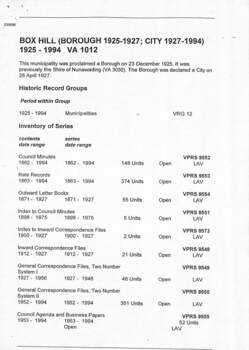 Nunawading Municipal Records Deposited with PROV -Box Hill Borough