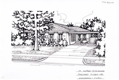 Black and white line drawing of a one story brick house, with a driveway leading to a connected carport on the right, and a large tree in the front lawn.