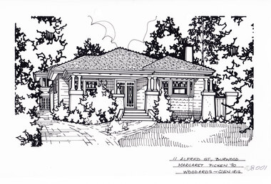 Black and white line drawing of a one story weatherboard house, with driveway on the left, and path to the porch. Greenery surrounds the left and right edge of the image