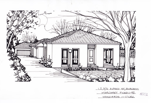 Foreground frame by greenery. Three rendered houses in a row from foreground to background, a driveway on the left leading to a garage. 