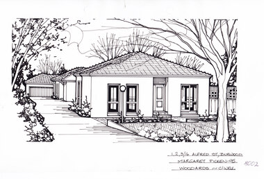 Foreground frame by greenery. Three rendered houses in a row from foreground to background, a driveway on the left leading to a garage. 