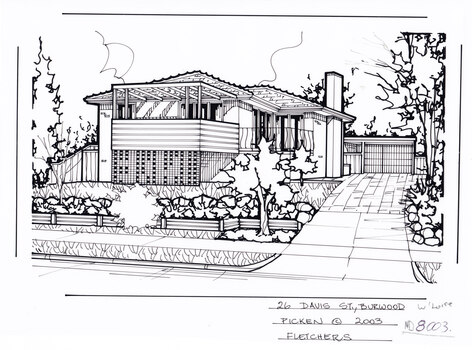 Black and white line drawing of a two-story brick house, with balcony, with a driveway on the right leading up to a garage.