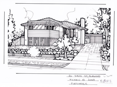Black and white line drawing of a two-story brick house, with balcony, with a driveway on the right leading up to a garage.