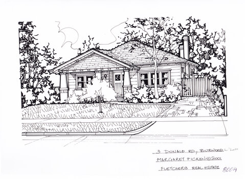 A black and white line drawing of a one story weatherboard bungalow, set back from a front lawn in foreground. There is a small tree in the center of the lawn, and a driveway on the right.