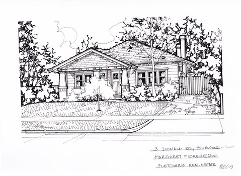 A black and white line drawing of a one story weatherboard bungalow, set back from a front lawn in foreground. There is a small tree in the center of the lawn, and a driveway on the right.