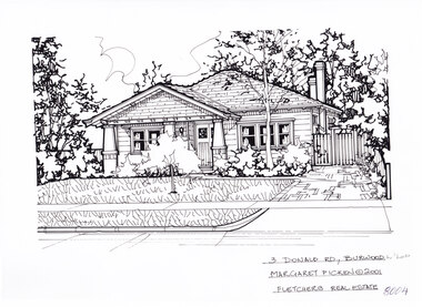 A black and white line drawing of a one story weatherboard bungalow, set back from a front lawn in foreground. There is a small tree in the center of the lawn, and a driveway on the right.