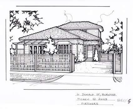 A two story weatherboard house set back from a picket fence and and open gate on the right for the driveway.