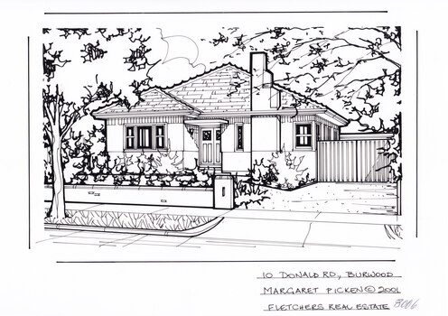 A  one story bungalow with staggered chimney in the background set back from a low brick fence with shrubbery behind in the foreground, with a driveway on the right, with a path to the front door.