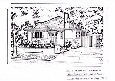 A  one story bungalow with staggered chimney in the background set back from a low brick fence with shrubbery behind in the foreground, with a driveway on the right, with a path to the front door.