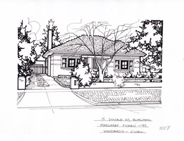 A single story brick bungalow  set back from a front lawn and low brick fence. With a driveway on the left leading to a garage in the background. A large tree is growing in the center of the front yard.