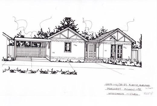A single story brick house with two pitched roofs either side of a central porch and front door. There is a connected carport on the left.